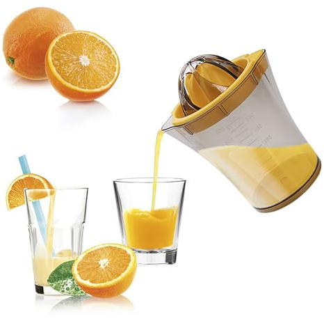 Manual Citrus Juicer with Measuring Cup, Hand Press Orange Lemon Squeezer, Clear Container with Pour Spout,600ml/20oz