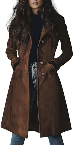Suede Jackets for Women Long Faux Suede Leather Jacket Vintage Classic Fitted Brown Shacket Coats Ladies Lapel Button Down Trench Coat with Pocket(Brown, XL)