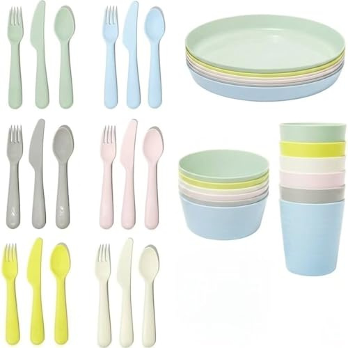 36pc Plastic Kalas Set, Pastel Multicolour Tableware Set, Plates, Bowls, Cups and Cutlery, Mixed Colours
