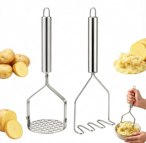 KOQAIIZ 2 stycken potatismosare i rostfritt stål, professionell potatismosare för puré, grönsaker och frukter, ergonomiska och lätta att rengöra köksredskap