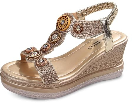 Générique Sandales femmes confortables enfiler respirantes talons compensés décontractées marche quotidienne plein air été printemps automne (Gold, 35)