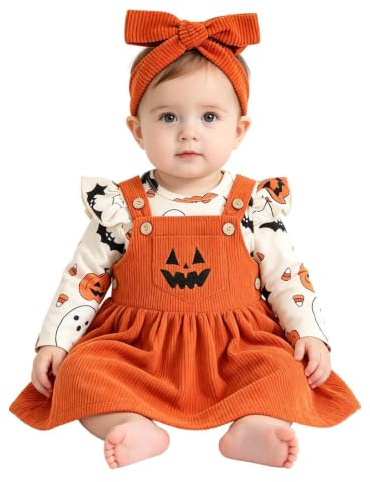 Halloweenoutfit för flickor 3-Delad Spöke och Pumpa Manchesterdräkt Kostym | Festival Byxdress Samt Overall Klänning För Barn I Åldern 6-18 Månader, Till En Högtidsfest Och