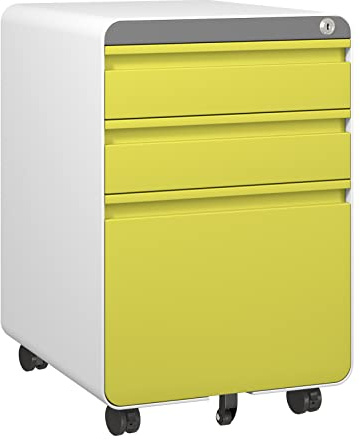 Dripex 3-Drawer Mobile Filing Cabinet, Lockable, Yellow | Pre-Assembled, Steel Construction, Hanging File Rails A4/Letter/Legal File, Lockable Swivel Castors, Anti-Tilt Design