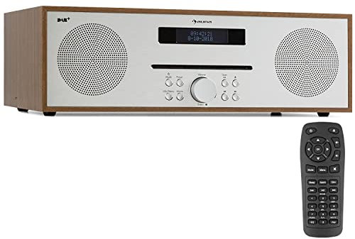 AUNA Silver Star CD-Dab - Radio Dab, Internet, WiFi, Dab+ et FM, Panneau Frontal élégant, AUX in, USB, Prise Casque, Bluetooth, 2 x 20W, Son stéréo, Boîtier Imitation Bois - Brun