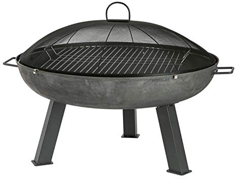 Harbour Housewares Cast Iron Fire Pit Dome and Grill Outdoor Garden Patio Heater Barbecue Bonfire Burning Wood Charcoal Camping BBQ - Grey