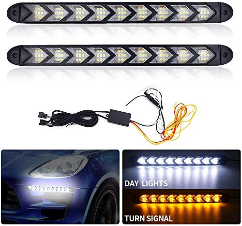 Biqing 2PCS 12V LED Luz de Circulación Diurna, 9 LED Flecha Luz de Señal de Giro Que Fluye Luz de Tira de Luces LED de Coche Blanco ámbar de dos Colores Faros Delanteros DRL （25CM）