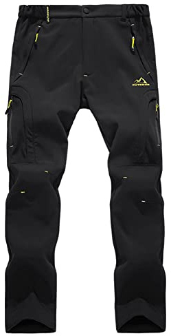 EKLENTSON Waterproof Mens Trousers Softshell Fleece Lined Hiking Fishing Walking Work Pants with Zip Pockets Black 30