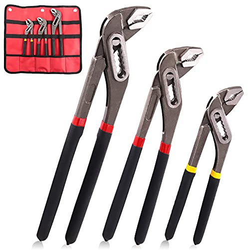 Cimeton Juego de 3 alicates ajustables para bomba de agua de cocodrilo de 8 pulgadas, 10 pulgadas y 12 pulgadas, alicates de junta deslizante en V, alicates de fontanería con bolsa de almacenamiento