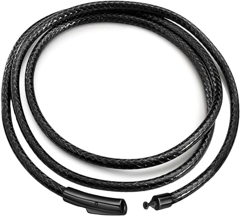 IOYYIO Comfortable 14” to 42, 2MM to 5MM Braided Leather Chain Cord with Stainless Steel Clasp, Versatile String Rope Necklace for Men/Women, Waterproof Black Chains Necklace for Pendants
