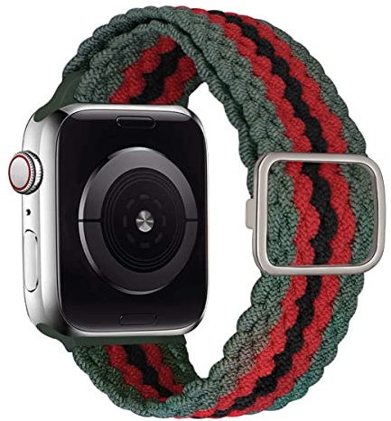 MroTech Kompatibel med Apple Watch elastiskt flätat armband 49 mm 45 mm 44 mm 42 mm nylonband ersättning för iWatch serie Ultra 8, 7, 6, 5, 4, 3 2 1 SE Solo Loop sportband, grön/svart/röd