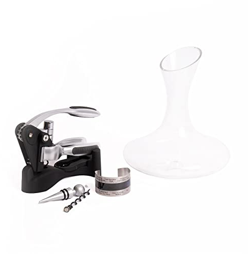 BarCraft Glass Decanter, Wine Bottle Thermometer Sleeve and Lever Arm Corkscrew Set