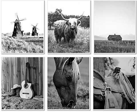 MINI ZOZI Western-Wanddekoration, 20.3x25.4 cm, 6 Stück, Hochland-Kuh, Bauernhaus, Landhaus, rustikale Leinwand, Kunstdrucke, Pferd, Bilder, Kopf, Longhorn, Cowboy, Kinderzimmer, schwarz-weiße Poster