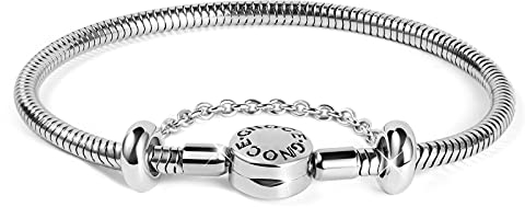 GNOCE Edelstahl Charm Armband Verblasst nicht Einzigartiger Metall Schlangenkette Bettelarmband für Damen Herren Basis Armband mit Sicherheitskette (Rostfreier Stahl, 20)