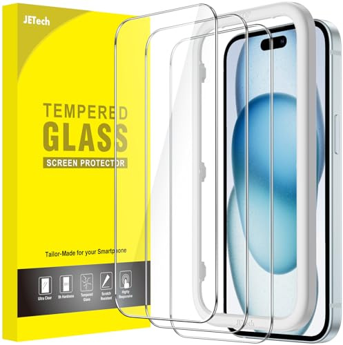 JETech Protection D'écran pour iPhone 15 Plus 6,7 Pouces, Film en Verre Trempé avec Outil d'Installation Facile, Compatible Coque, Transparent HD, Lot de 3