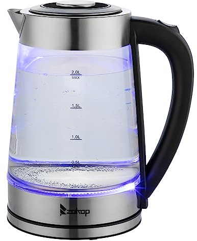 Karlhome Electric Glass Kettle, 2L Fast Boil Quiet Kettle with Blue LED Lighting, Boil-Dry & Overheat Protection, BPA Free, 2000W