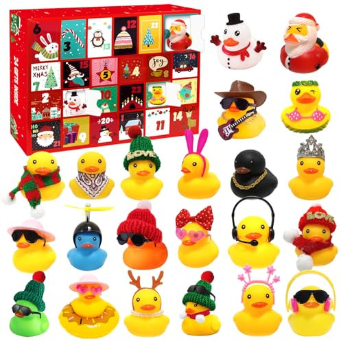 Audasi Calendario de Adviento 2025, Calendario De Advientos De Patos Navideños Calendarios De Adviento Con Patitos De Goma Goma Divertidos Juguetes de Baño para Niñas y Niños Regalos Fiesta