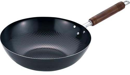 Japanese Wok 10.2 - Made in Japan Nonstick Carbon Steel Wok with Wood Handle - Induction Compatible, Embossed Iron Surface for Professional Stir-Fry