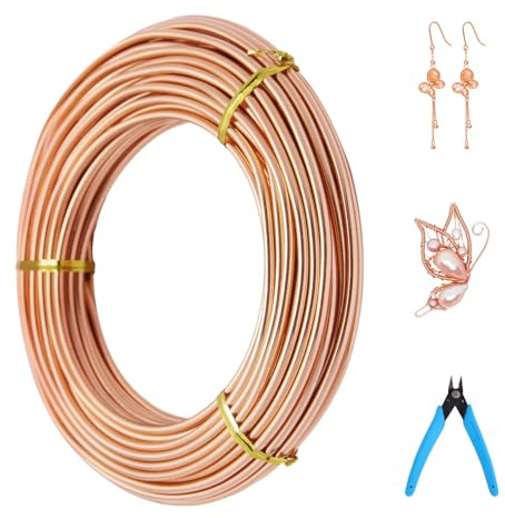 Filo per bricolage, 3 mm x 15 m, per fai da te, in alluminio, per modellare, antiruggine, con pinza a forbice per lavori di bricolage e gioielli (oro rosa)