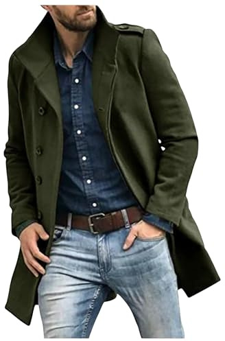 UHouse Wintermantel Herren Wollmantel Elegant Softshellmantel Basic Wollmantel Gefüttert Trenchcoat Gefüttert Fleecemantel Lange Lodenmantel Locke Herrenmantel Grün L