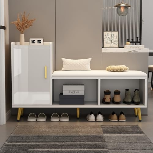 Zapatero blanco brillante con espacio de almacenamiento, zapatero, estante de varios niveles con asiento acolchado, banco de cambio de zapatos con armario, accesorios dorados para entrada, pasillo,
