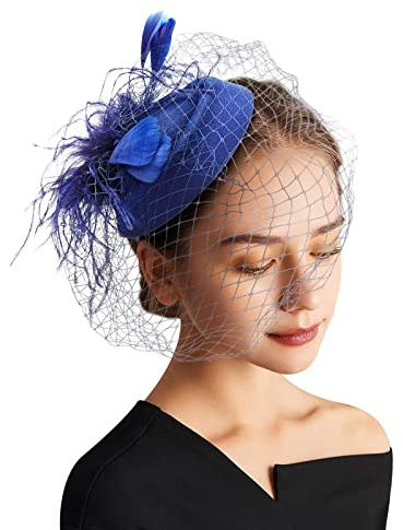 DRESHOW Fascinator Chapeau Plume Mariage Dames Day Bandeau et Clip Cocktail Tea Party Chapeau pour Fille et Femmes, Taille unique, Pillbox Hat Blue