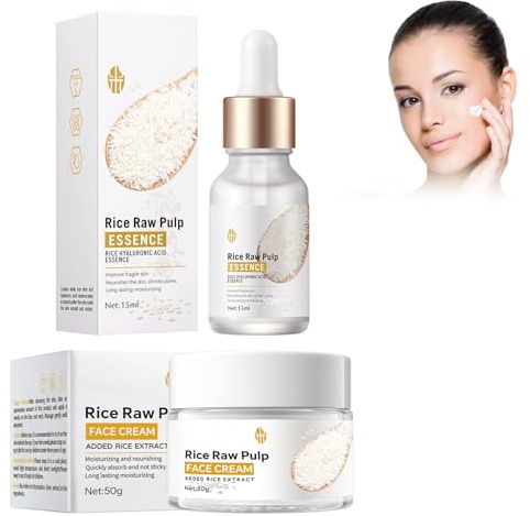 Hppsctink Extracto de arroz, 15ml Esencia Antiarrugas de Arroz y 50g Crema Facial de Arroz, Nutre y repara la barrera cutánea, Reduce la pigmentación,Hidratación profunda, cream