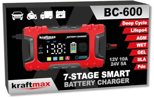 Kraftmax BC-600 10A KFZ Autobatterie Ladegerät 12V/24V, 7-Stufiges vollautomatisches Smart-Ladegerät mit LCD-Display, für AGM, Nass, Gel, Blei-Säure und LiFePO4 Batterien/Akkus