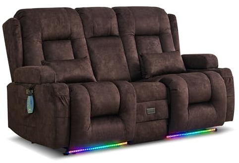 LIFTSHA Zweisitzer Relaxsessel mit Liegefunktion, Fernsehsessel Elektrisch Verstellbar mit Heizung & Vibrierende Massage, TV Sessel Heimkino Sitze mit Multimedia Mittelkonsole, Samt, Braun
