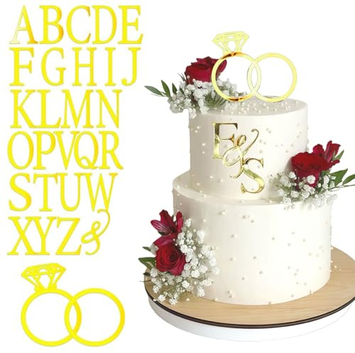 TESGADGETS Figurine de gâteau de mariage avec anneau en diamant - 26 lettres personnalisables Panneau des initiales du couple pour mariage anniversaire fiançailles demande décoration de gâteau de