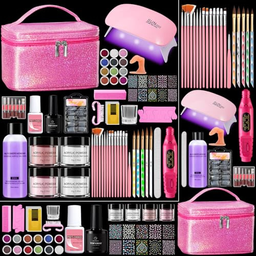 Kit per unghie acriliche per principianti: 4 colori trasparente, rosa, bianco, nude, polvere acrilica per unghie, set con pratica lampada per trapano a dito, set di base per unghie in sacchetto