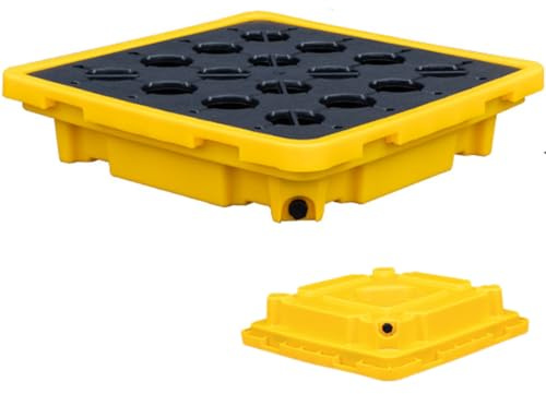 Pallet modulare di contenimento delle fuoriuscite con tasche di drenaggio e accesso al carrello elevatore, base impermeabile impilabile per stoccaggio industriale del tamburo e soluzione efficiente