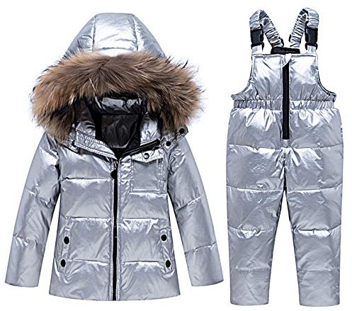 amropi Combinaison de Ski Bébé Filles Veste de Duvet à Capuche et Pantalons de Neige 2 Pièces Hiver Ensemble de Ski Argenté,5-6 Ans