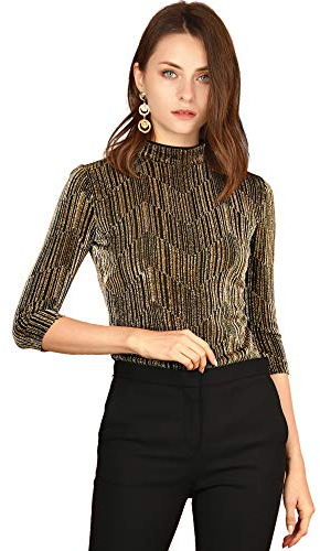 Allegra K Blusa Top Metálico De Rayas Brillantes Manga 3/4 Brillantina Fiesta para Mujer Disfraz de Halloween Negro Dorado XL