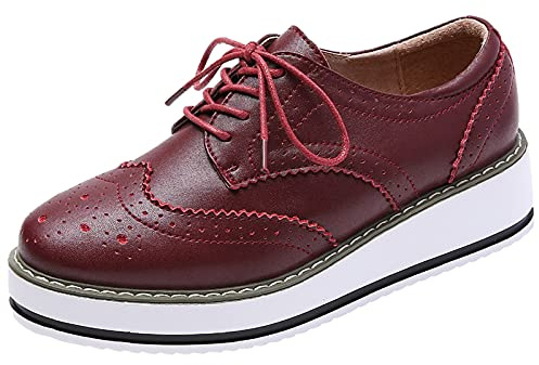 ANUFER kvinnors snörningsbrogues träningsskor skor vardaglig plattform creepers, Vinröd matt, 39 EU