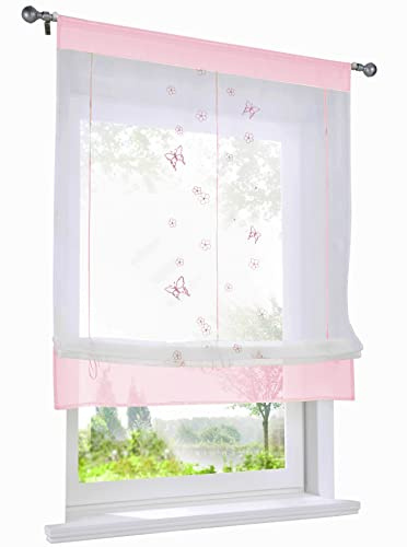 Raffrollo mit Schmetterling Bestickt Gardine Tunnelzug Transparent Voile Vorhang (BxH 100x140cm, Pink)
