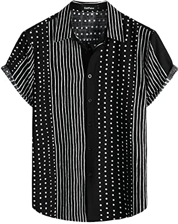 VATPAVE Mens Short Sleeve Button Down Shirts Summer Shirt M Black Stripe