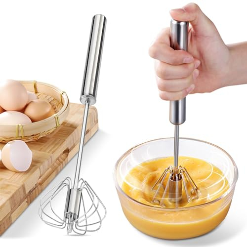 Halbautomatischer Schneebesen, Küchen Hand-Schneebesen, Edelstahl Eierschläger, Milchaufschäumer, Drehbarer Push-Mixer, Rührer zum Schneebesen, Schlagen und Rühren