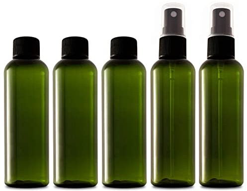 5 x Recycled Plastic 100ml Bottles with Spray and Screw Caps; Empty Refillable 100 ml Travel Bottles For Toiletries, Liquids, Cosmetic; Transparent Containers; BPA Free TSA Approved for Hand Luggage