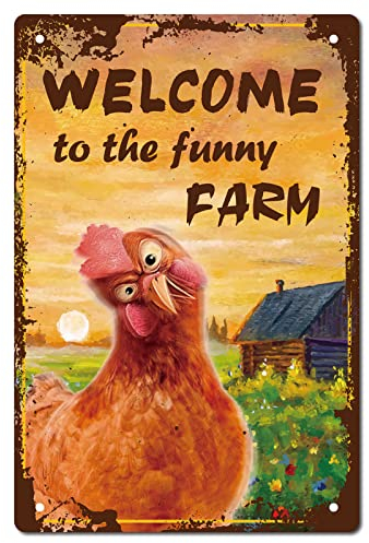 CREATCABIN Welcome to The Funny Farm Sign Chicken Metal Tin Signs Retro Vintage Wall Decor Art Mural Hanging Iron Painting Plaque Poster Farmhouse Garden Bar Club Door Yard Decorations 8 x 12 Inch