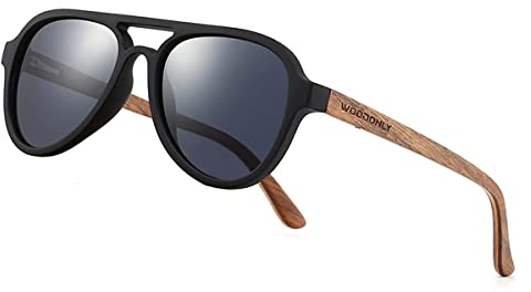 WOODONLY Pilotenbrille Holz Polarisierte Sonnenbrille - Mode Stil Hölzerne Shades für Herren und Damen Perfekte Geschenke (Schwarz+Walnuss)