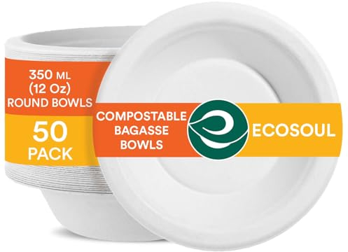 ECO SOUL [350 ml, 50 Pack Disposable Bagasse Bowls | Eco-Friendly, Biodegradable, Sugarcane Paper Bowls | for Serving Snacks & Dinner | Birthday, Wedding & Party | Round, White