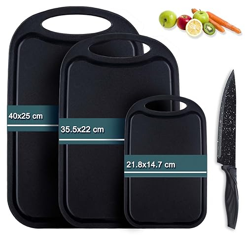 Tagliere in plastica, Hunnycook Set di taglieri da 3 pezzi con scanalatura per coltelli e succo, taglieri antibatterici/tavoli da colazione in plastica nera, senza BPA