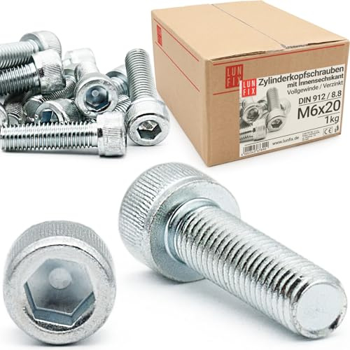 Lun Fix Viti a testa cilindrica con esagono incassato M 6 x 20 mm, classe di resistenza 8,8, 1 kg (150 pezzi) in acciaio zincato, filettatura metrica ISO fino alla testa DIN 912, filettatura completa