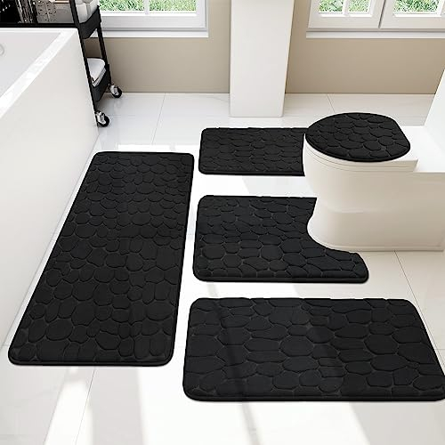 chakme Badezimmer Teppiche Sets 5 Stück, Cobblestone Memory Foam Badezimmer Matten Set dick, Anti-Rutsch-Badematten für Bad,absorbierend waschbar schwarz Badteppiche für Wanne, WC und Boden