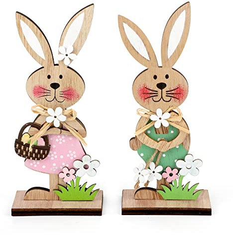 COCHIE Easter Bunny Decorations, Stand up Wooden Bunnies Easter Table Decorations for Easter Spring Home Office Decor Set of 2