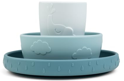 Done by Deer Stick&Stay Geschirr-Set Deer friends Blau - Kinderteller, Schüssel und Trinkbecher aus 100% Silikon in Lebensmittelqualität