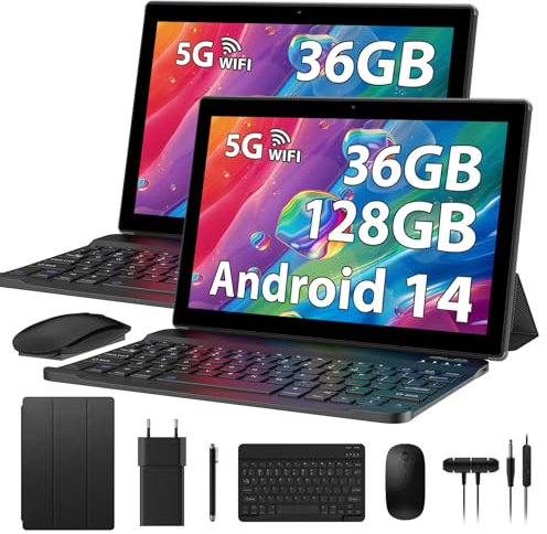RUSHAR Neueste Tablet 10 Zoll Android 14,36GB RAM+128GB ROM (TF 1TB),2.0 GHz|Bluetooth 5.0|5G WLAN |8000mAh|1280 * 800| 5MP+8MP, Tablet mit Tastatur und Maus,Schwarz