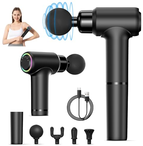 Massagepistole mit Verlängerungs Griff, Bwaliffury Mini Massage Gun klein leicht Pistole mit 4 Silikon Aufsätze 6 Geschwindigkeiten, Muskel Massagepistole mit LED Licht für Heimtraining (Schwarz)