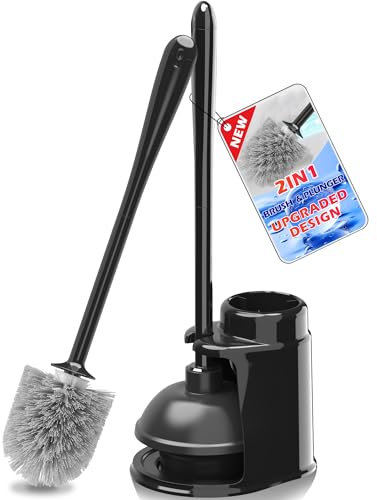 JEHONN Toilet Plunger and Brush Set Black with Holder and Hidden Tweezers, Heavy Duty Bathroom Bowl Scrubber Cleaning Kit for Bathtub Sink Wash Basin