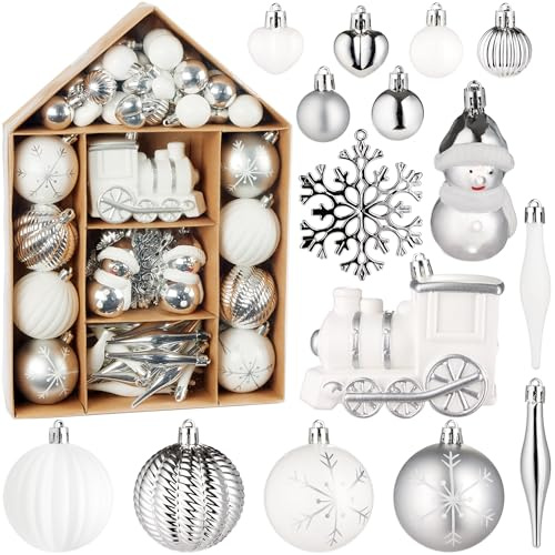 BRUBAKER 70 Stück Christbaumschmuck - Weihnachtskugel Set - Weiß Silber